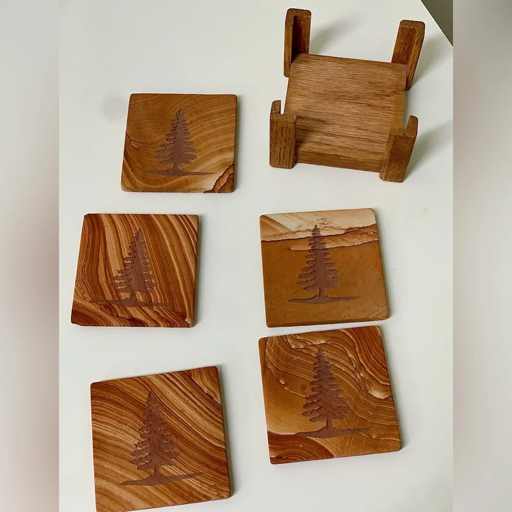 Vtg Set of 5 Evergreen Tree Engraved Marbled Sandstone Cork Lined Drink Coasters